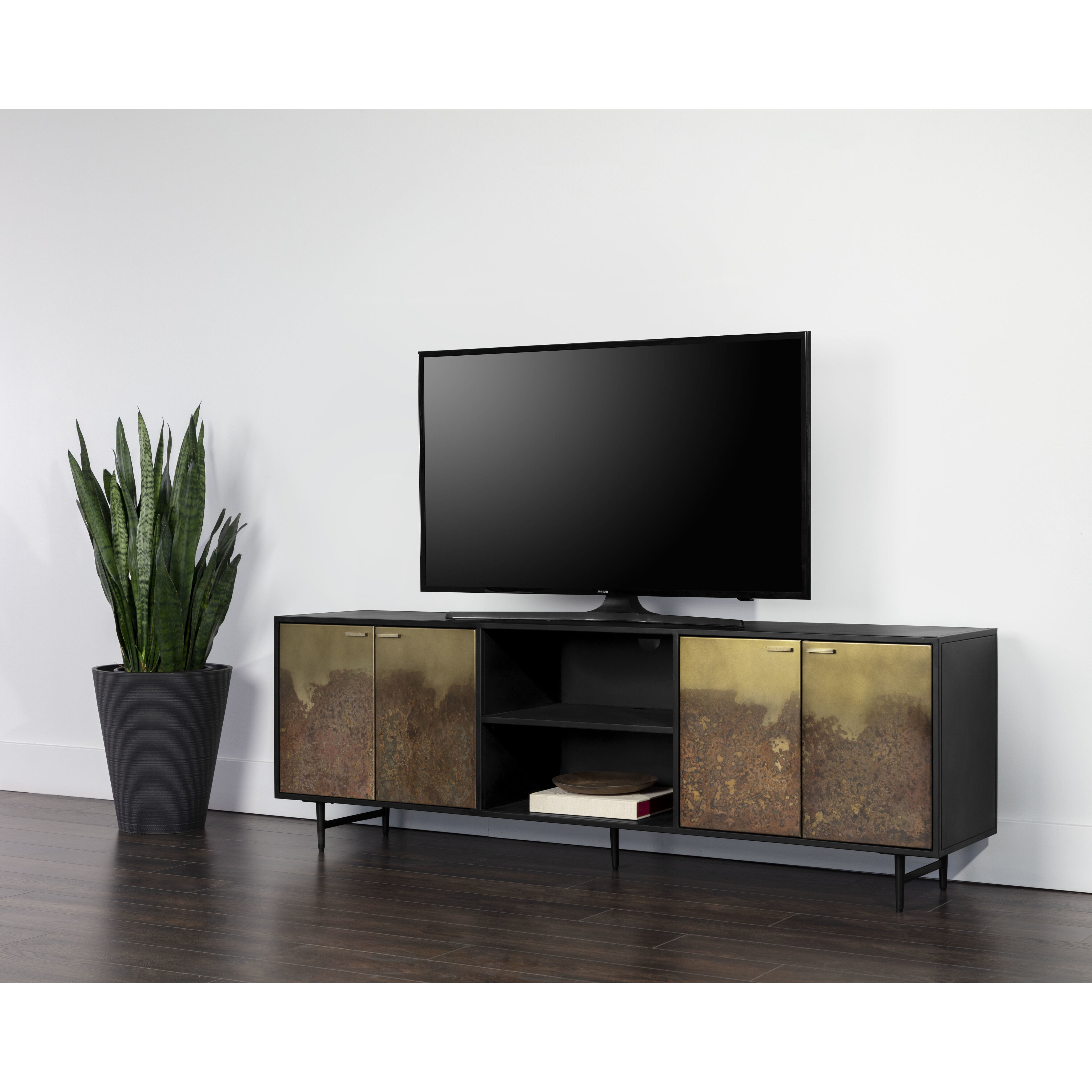 SUNPAN 110236 Auburn 72 inch Antique Brass Black Media Console Cabinet